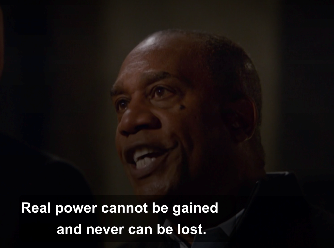 Joe Morton's character Eli Pope in Scandal Season 7 with the caption "Real power cannot be gained and never be lost."