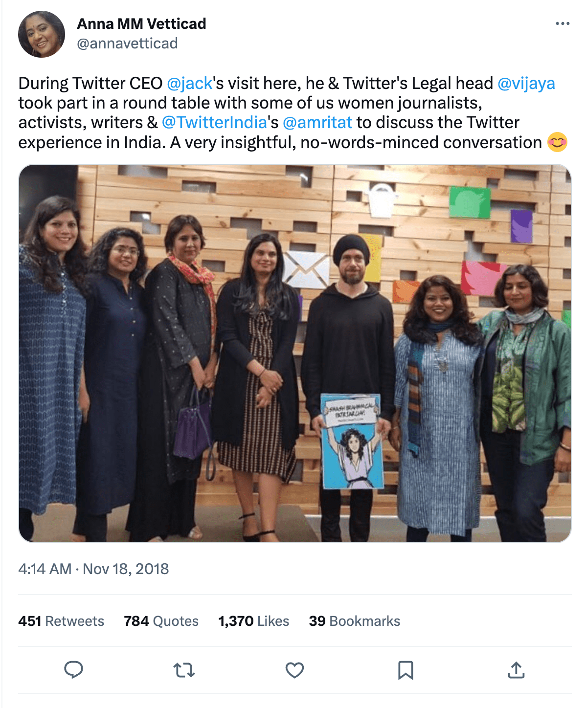 Screenshot from Hyperallergic of tweet by @annavetticad showing Jack Dorsey holding up a poster that says "Smash Brahminical Patriarchy", with six women journalists, during his visit to India in Nov 2018