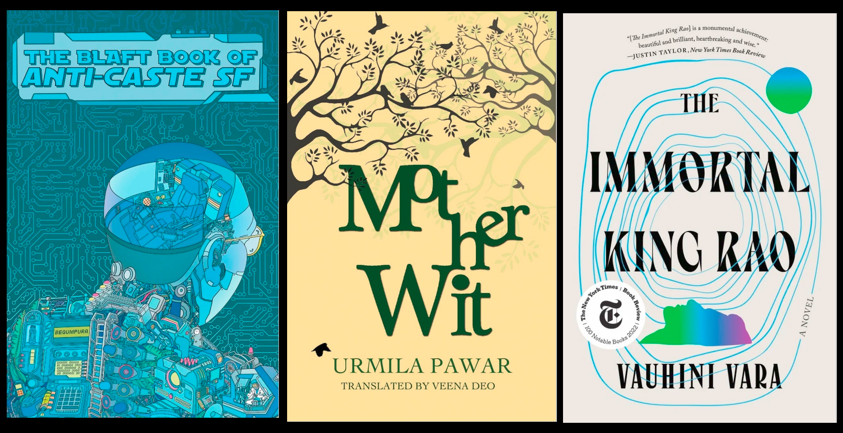 Three book cover images sourced from bookshop.org next to each other. The first has a blue circuit textured background with the sketch of a person with exposed machinery and circuitry in the back of their head and body. Second has a yellow background with green text and brown trees, leaves, birds interconnecting from the two ends; Third has a white background with blue spiral lines over the title text, and two multicolored graphic outlines. Titles and links in following text and caption.