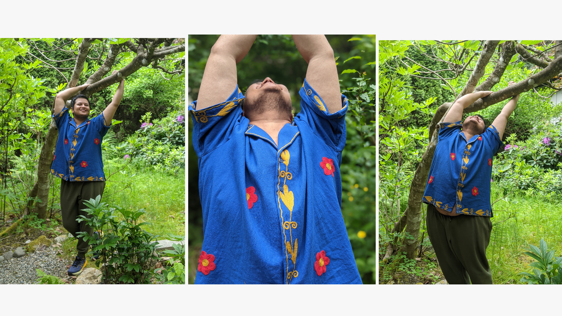 Three portrait shots of a brown trans man wearing a royal blue cotton shirt with yellow and red floral embroidery. 1. He holds on to a fig branch and gazes at the viewer. 2. His hands outstretch to the sky and his head tilts back. 3. He is swinging forward from the fig branch.