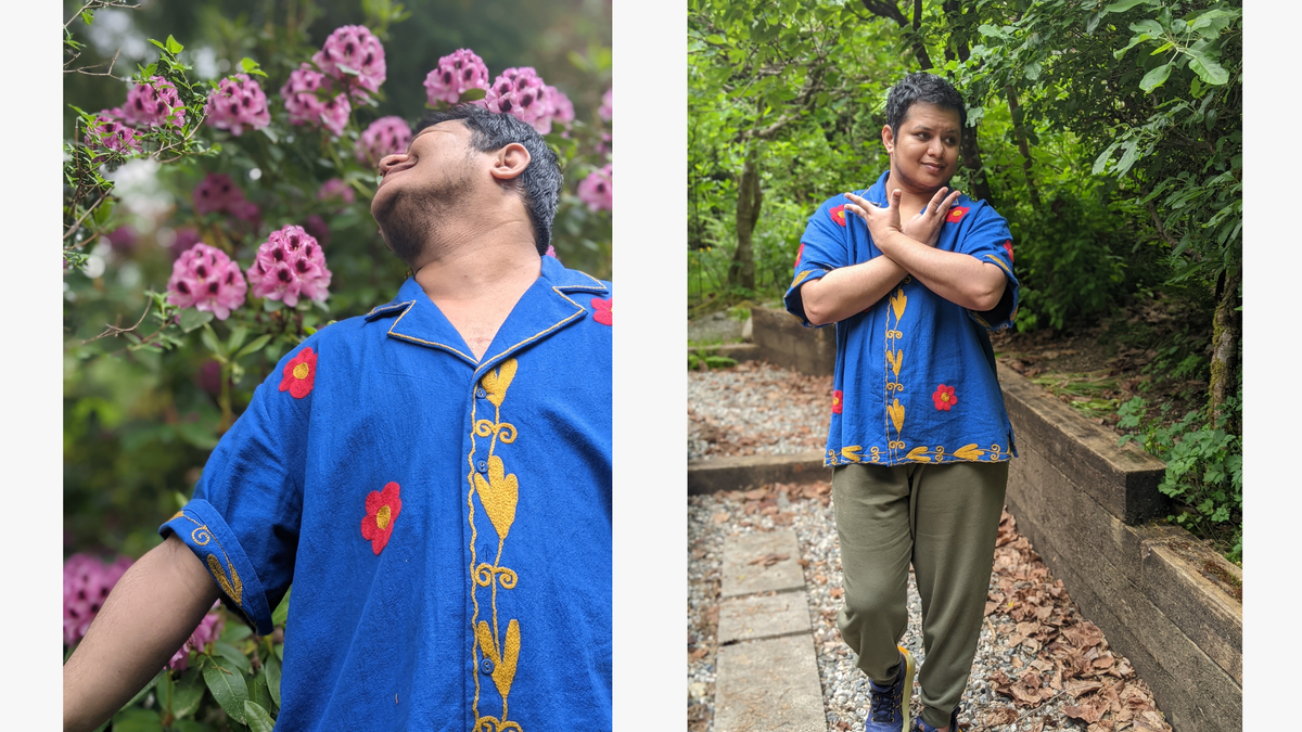Two portrais of brown trans man wearing royal blue cotton shirt with yellow and red floral embroidery. 1. He leans back facing rhododendrons hands outstretched. 2. He holds a dance pose
