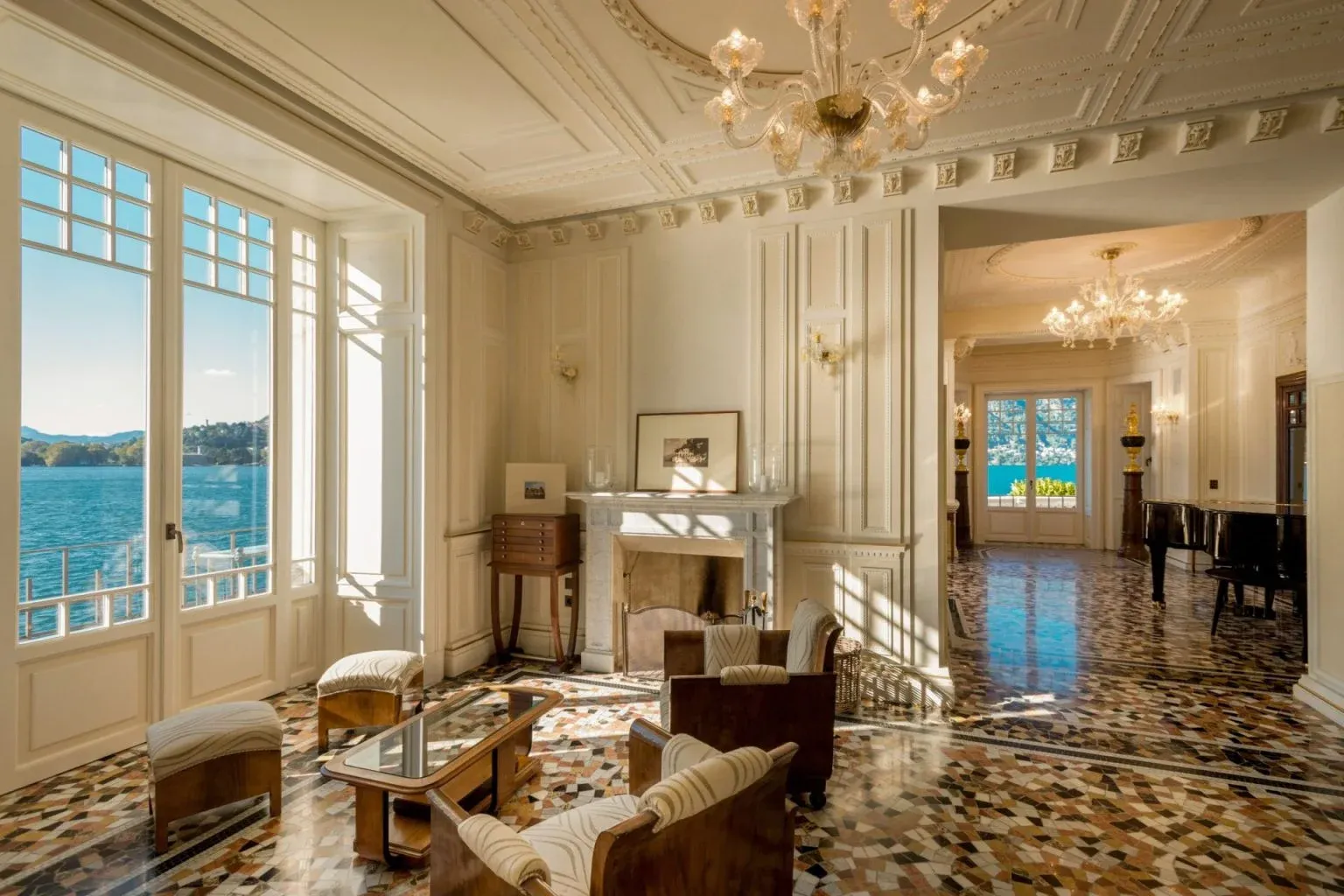 Elegant drawing room with terrazzo marble floors.
