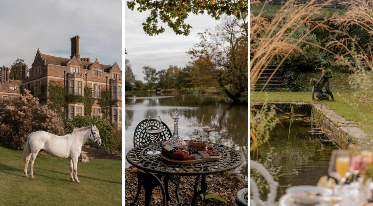 Triptych of images: (from left to right) A majestic horse standing proudly in front of the historic Chilham Castle. 2. Chilham Castle's serene lake on a cloudy autumn day with an al fresco tabl, featuring a charcuterie board, wine glasses, and a wine carafe. 3. The elegant fountain in the castle's pond, surrounded by tranquil waters.