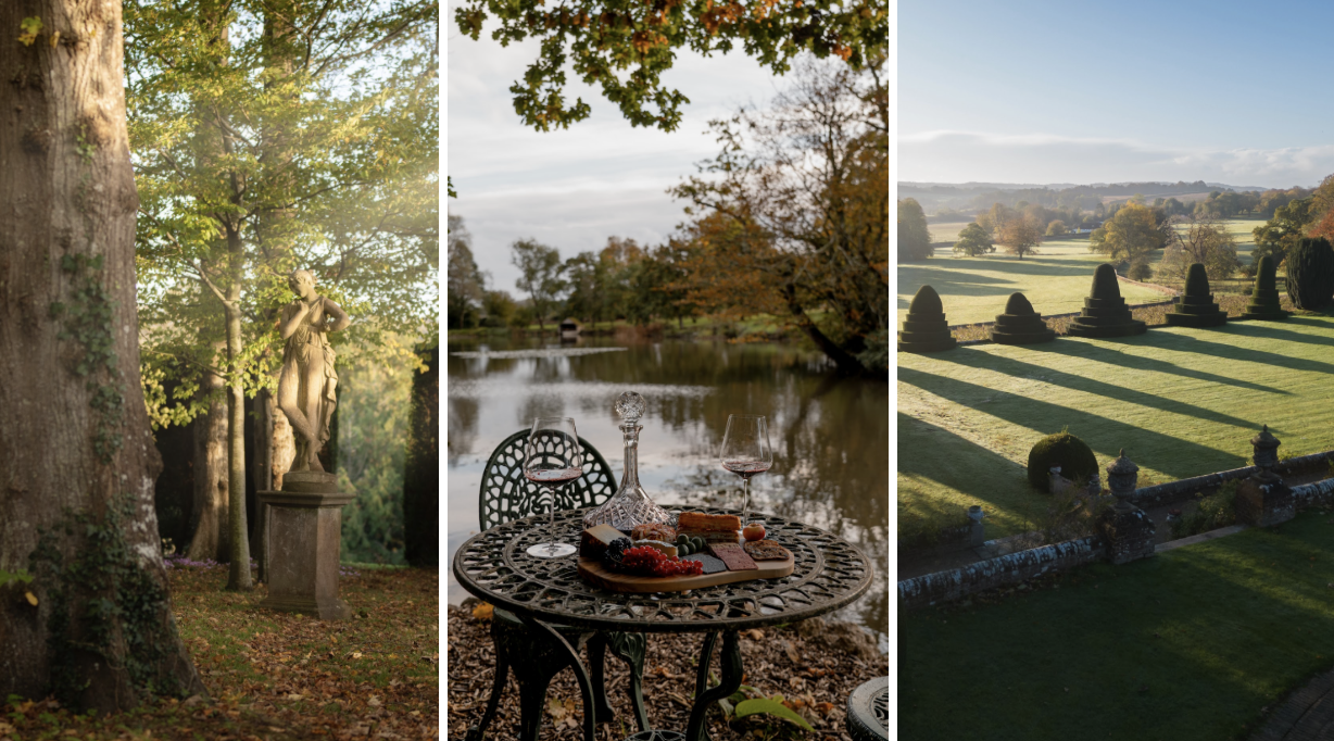 Triptych of images: (from left to right) A graceful statue set amid the manicured gardens of Chilham Castle, surrounded by vibrant greenery. A picturesque lakeside dining setup at Chilham Castle, offering a serene and elegant setting. The lush green woodlands within the castle grounds, exuding natural beauty and tranquility.