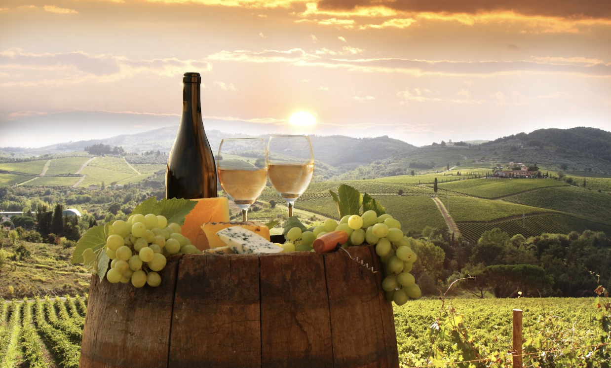A wine and cheese tasting platter paired with glasses of wine, set against the picturesque vineyards and rolling hills of the Chianti region in Tuscany.