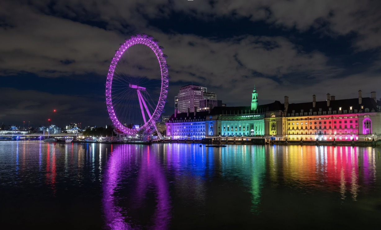 A dazzling, colorful view of London’s skyline with the London Eye as its focal point.&nbsp;