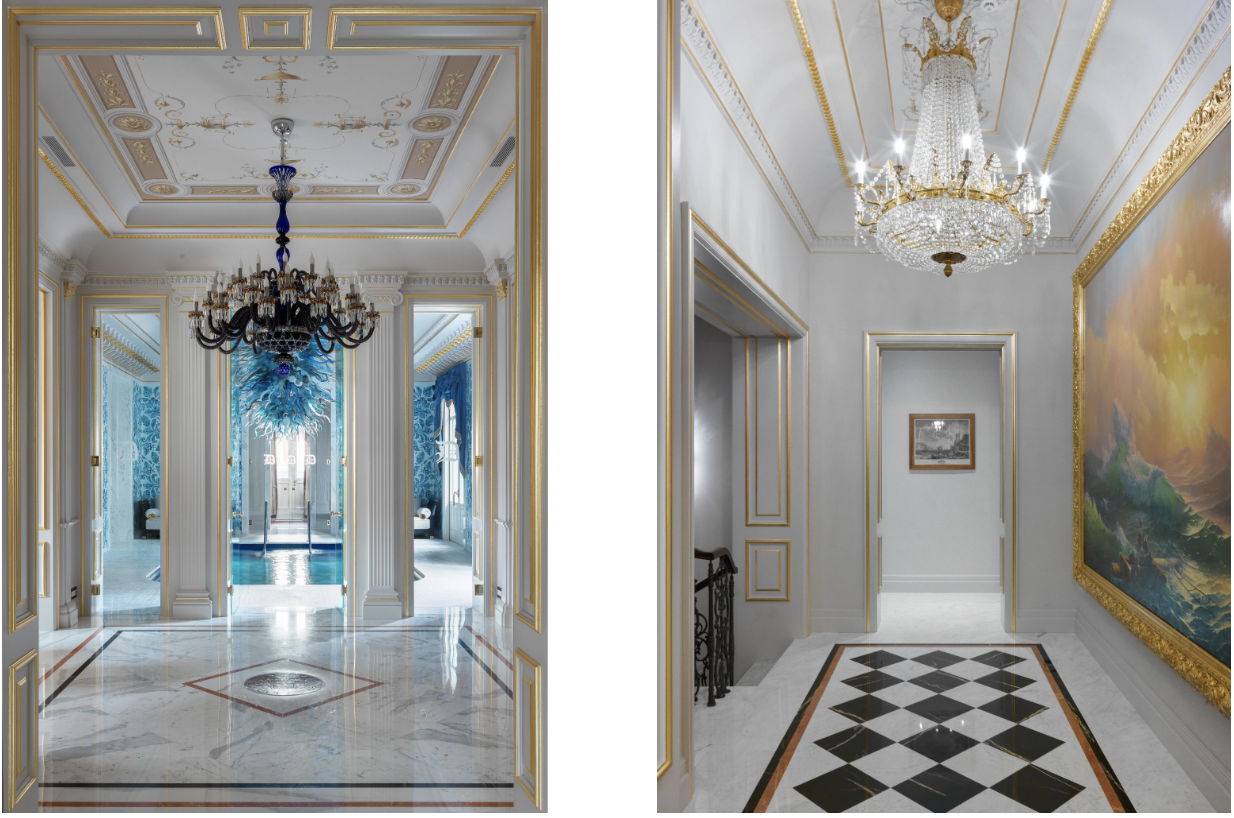 Image left:  Image right: Marble corridors adorned with high art.
