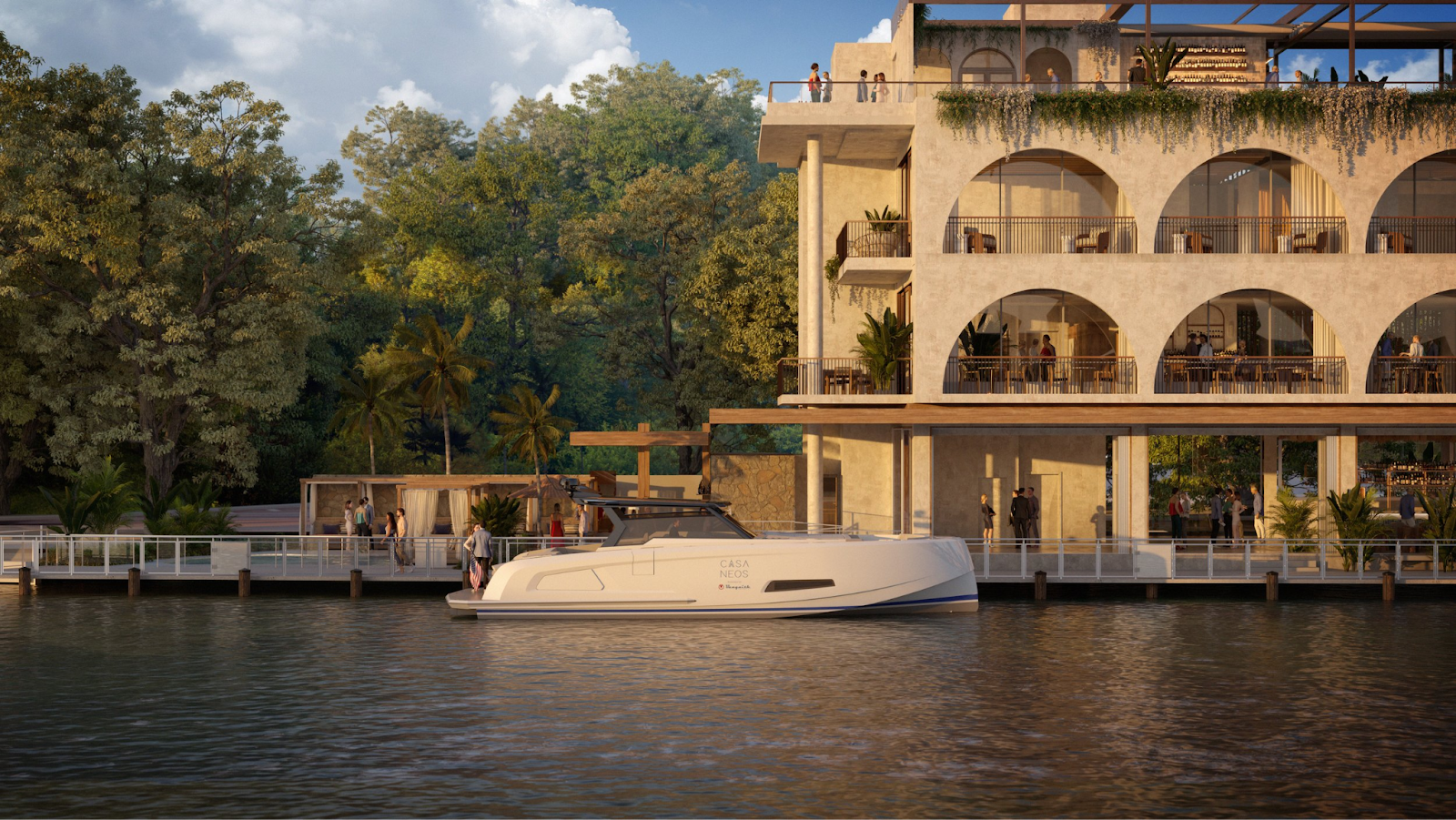 Casa Neos restaurant in Miami features Mediterranean architecture, elegant waterfront dining terraces, and convenient boat- docking access.