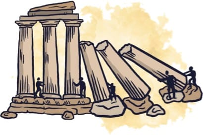 Tall pillars falling down with people pushing them over.