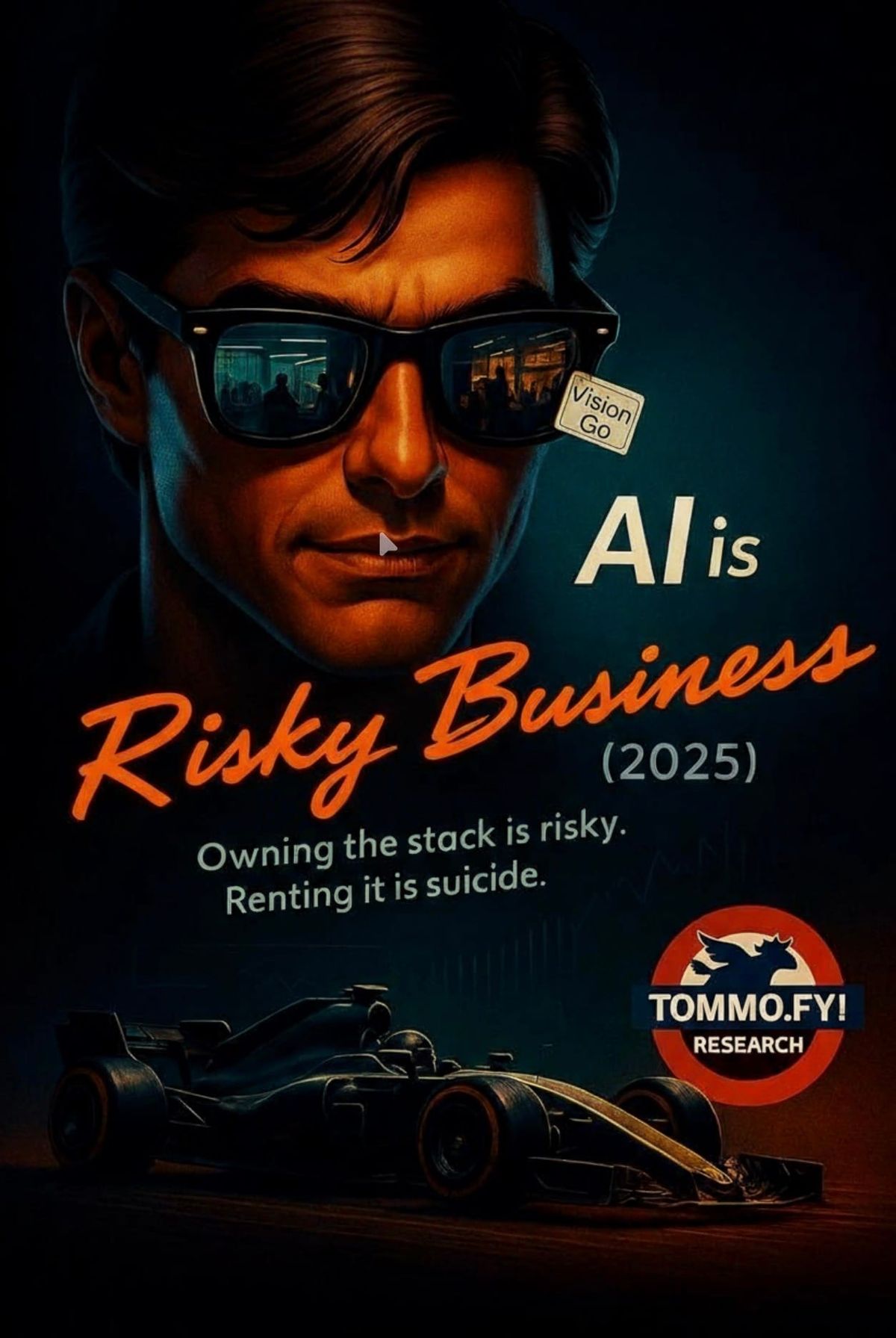 Poster for AI is Risky Business (2025). Apple Formula One deal. AI theme, neon 80s style, sunglasses reflection of tech and racing, tagline “Renting the stack is risky business.” AI, AAPL, F1