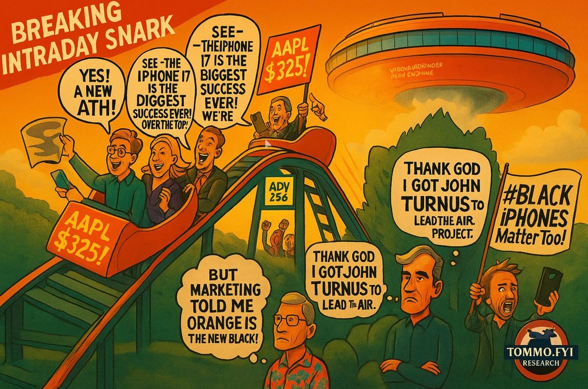 Satirical illustration of Apple investors on a roller coaster labelled AAPL, celebrating iPhone 17 hype as Tim Cook and execs watch, parodying Apple stock volatility.