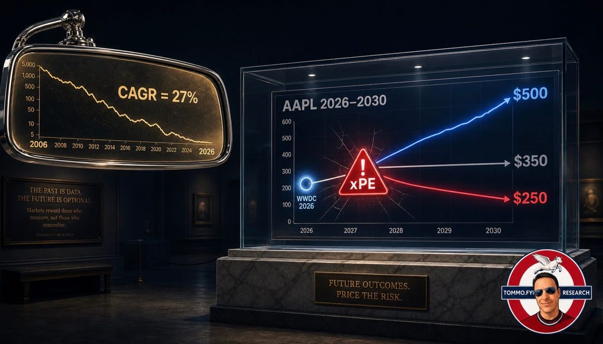 AAPL 2026–2030 fork chart in museum case: $500/$350/$250 paths, xPE warning, CAGR rear-view