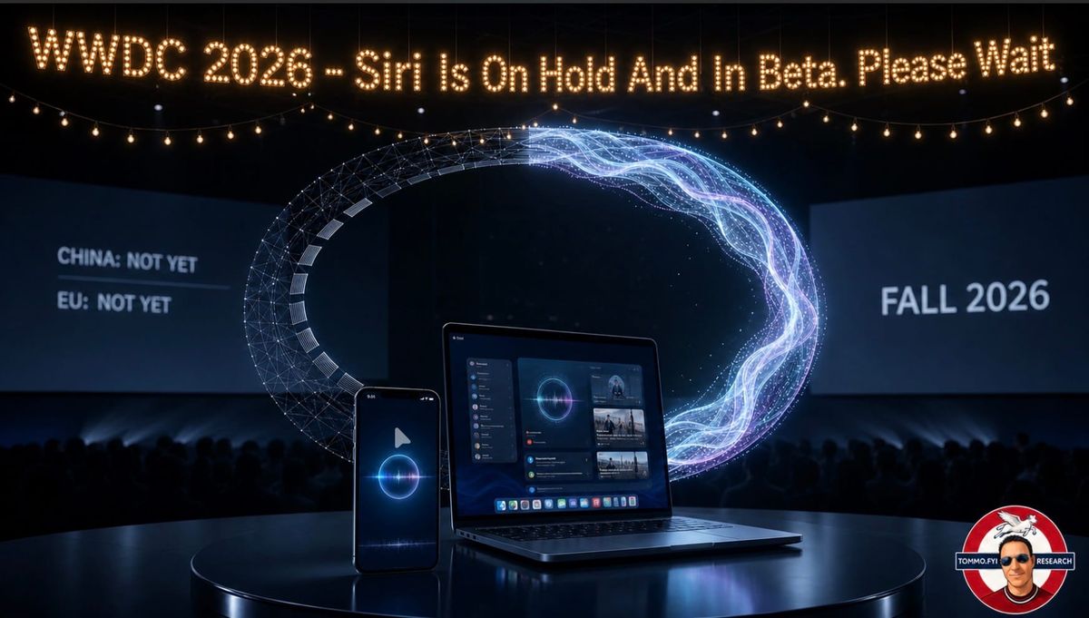 Keynote stage with half-built Siri-like AI halo and lights saying WWDC 2026 – Siri is on hold and in beta