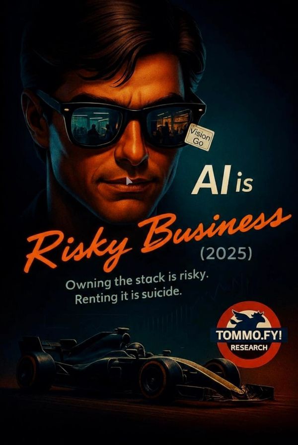 Poster for AI is Risky Business (2025). Apple Formula One deal. AI theme, neon 80s style, sunglasses reflection of tech and racing, tagline “Renting the stack is risky business.” AI, AAPL, F1