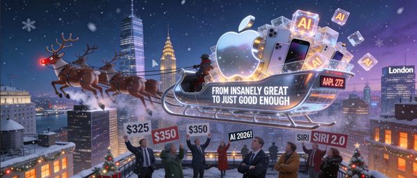 Visual commentary on Apple’s shift from visionary leadership to incremental strategy, questioning whether AI promises and product rumours can sustain current market expectations.