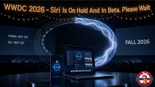 Keynote stage with half-built Siri-like AI halo and lights saying WWDC 2026 – Siri is on hold and in beta