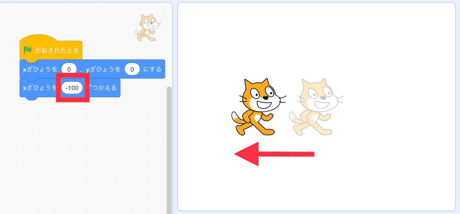 スプライトのx座標が−100変わる スプライトのx座標が−100変わる