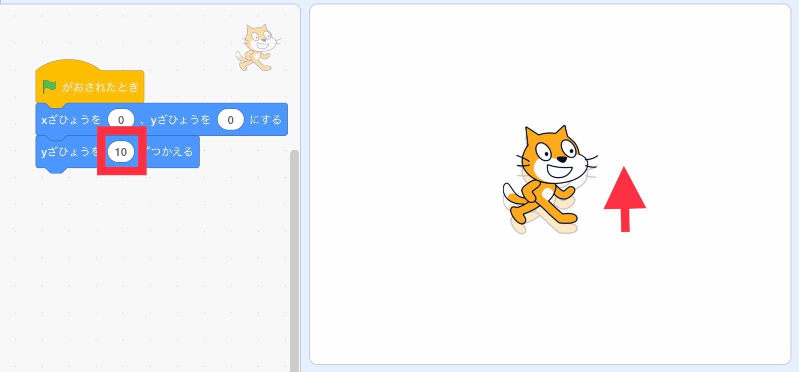 スプライトのy座標が10かわる スプライトのy座標が10かわる