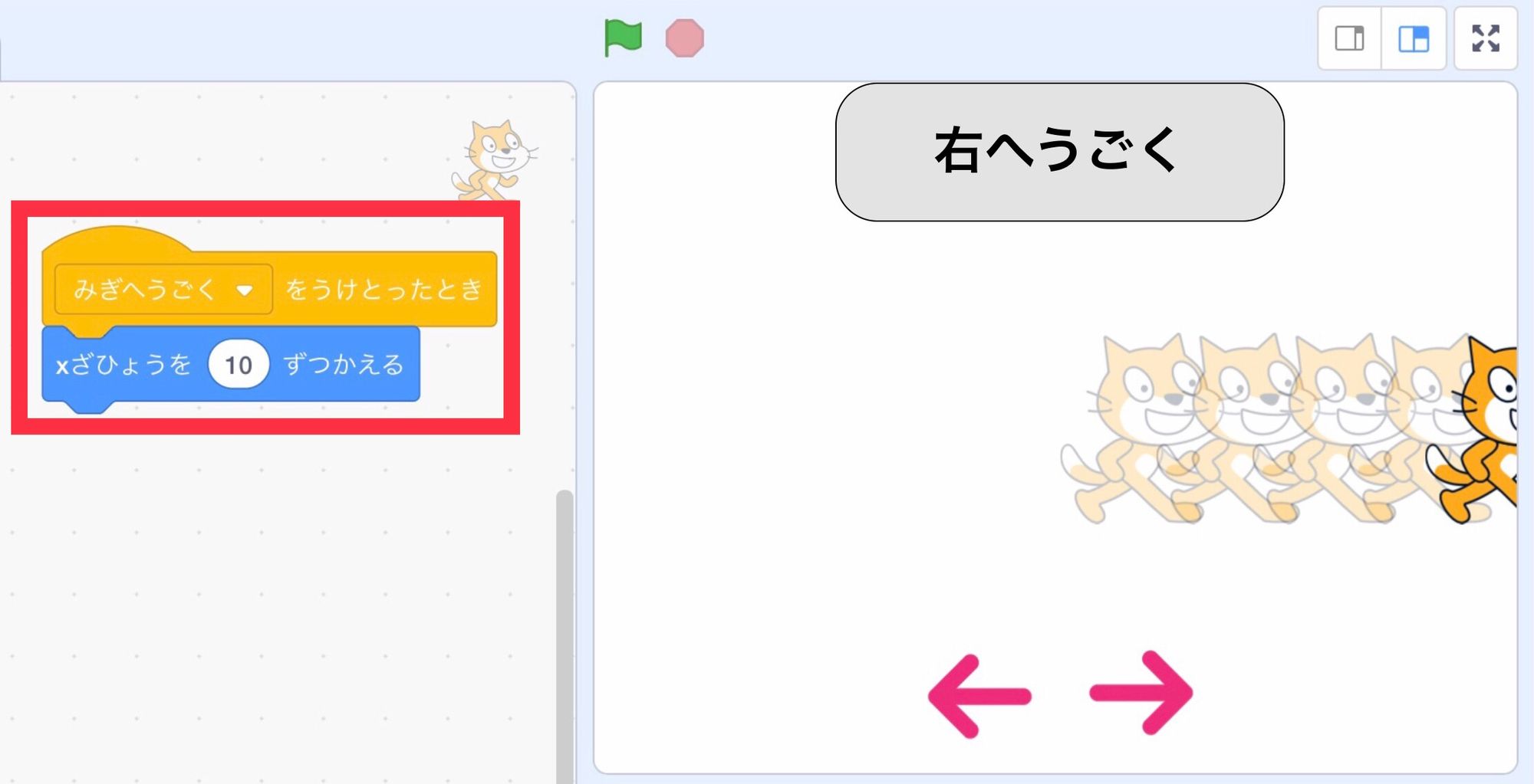 右むきやじるしが押されたらネコが右に動く 右むきやじるしが押されたらネコが右に動く