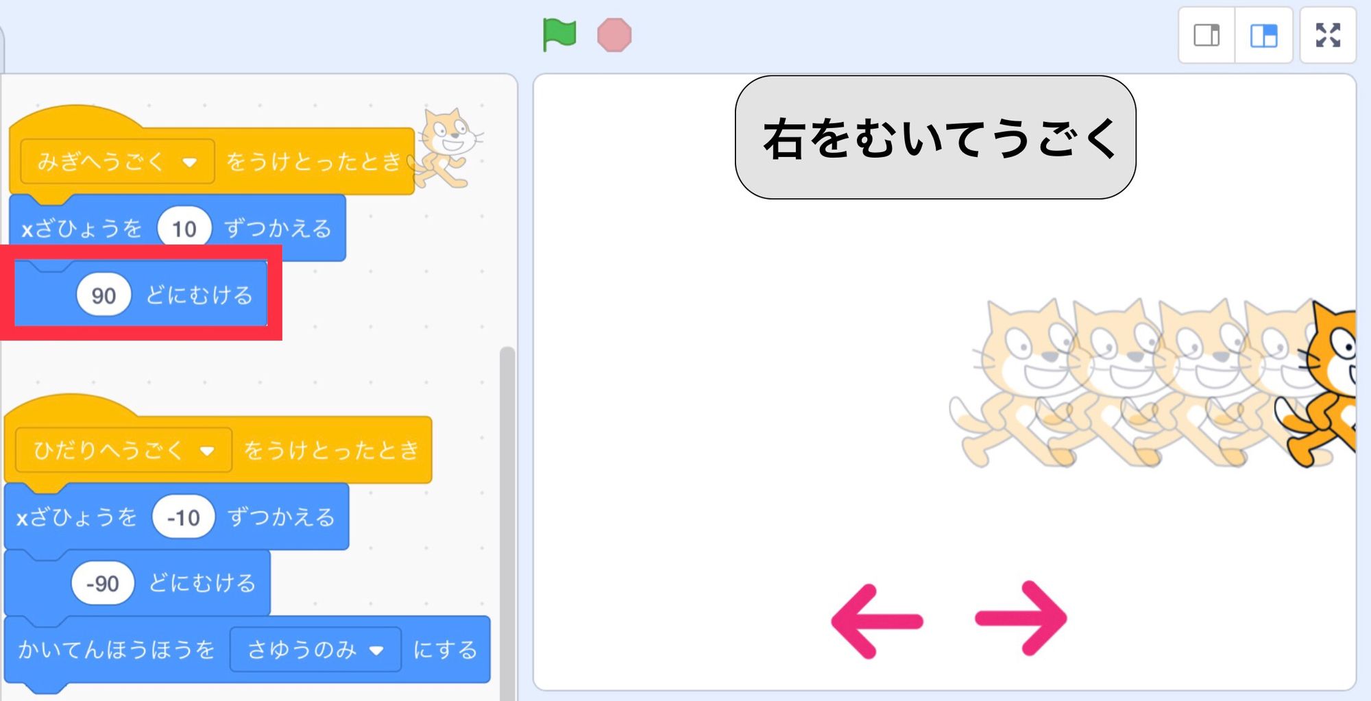 右むき矢印がおされたらネコが右を向いて動く 右むき矢印がおされたらネコが右を向いて動く