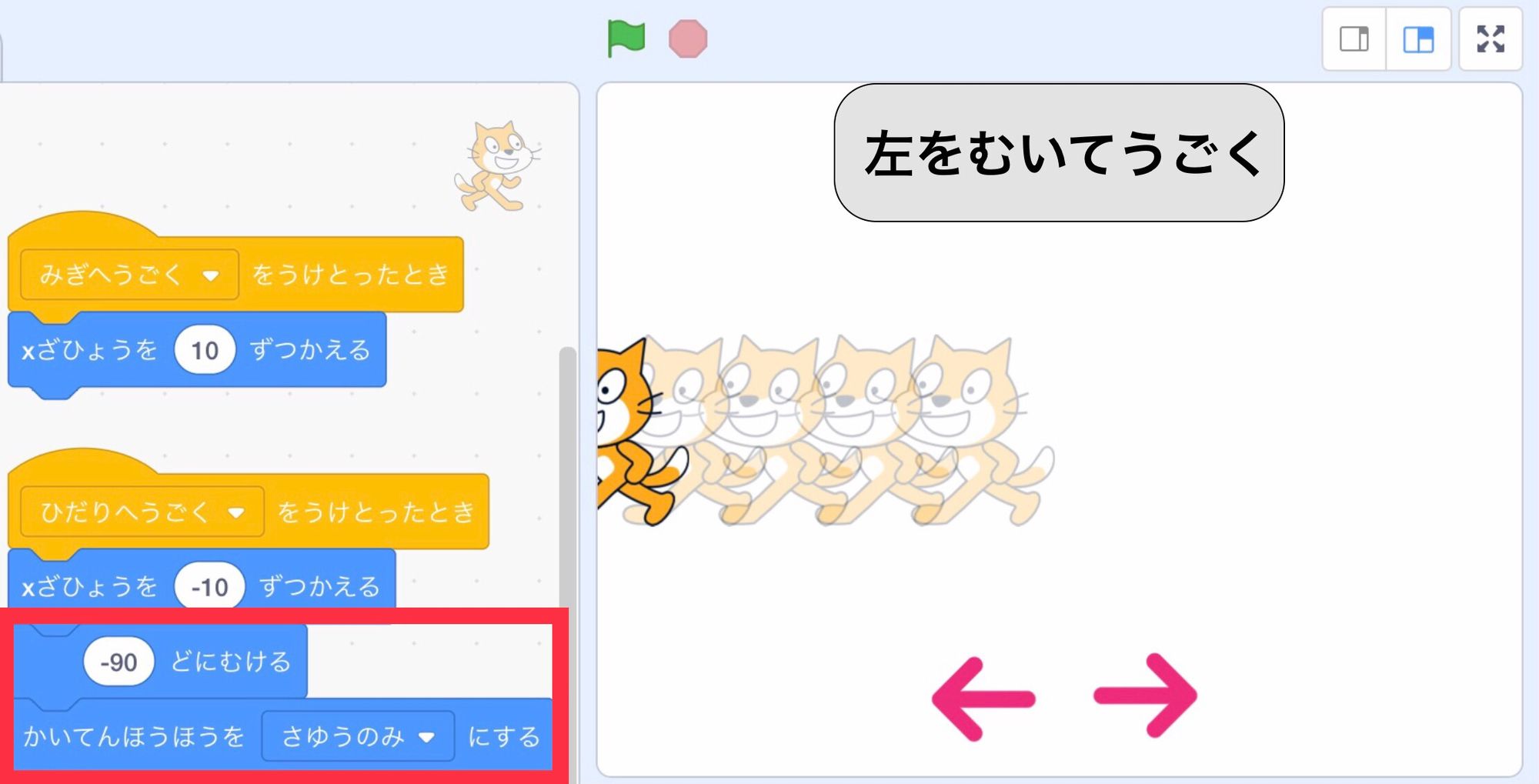 左むき矢印が押されたらネコが左へ向いて動く 左むき矢印が押されたらネコが左へ向いて動く