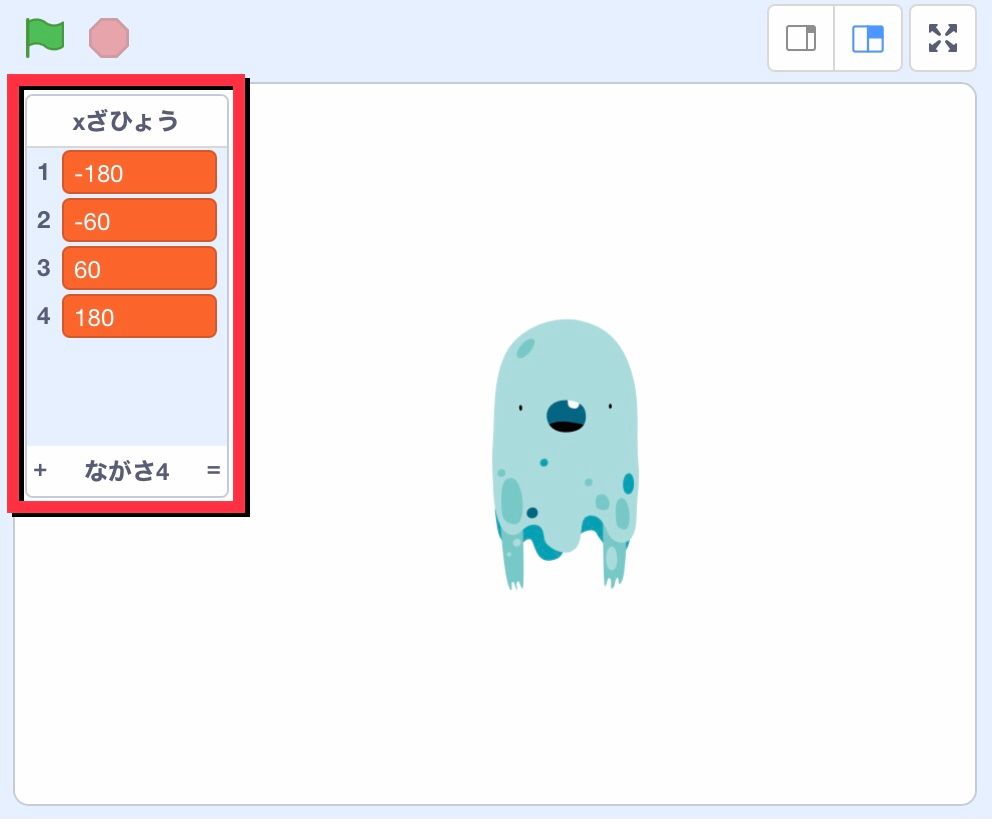 4つの座標の値が入ったリストがステージに表示されている 4つの座標の値が入ったリストがステージに表示されている