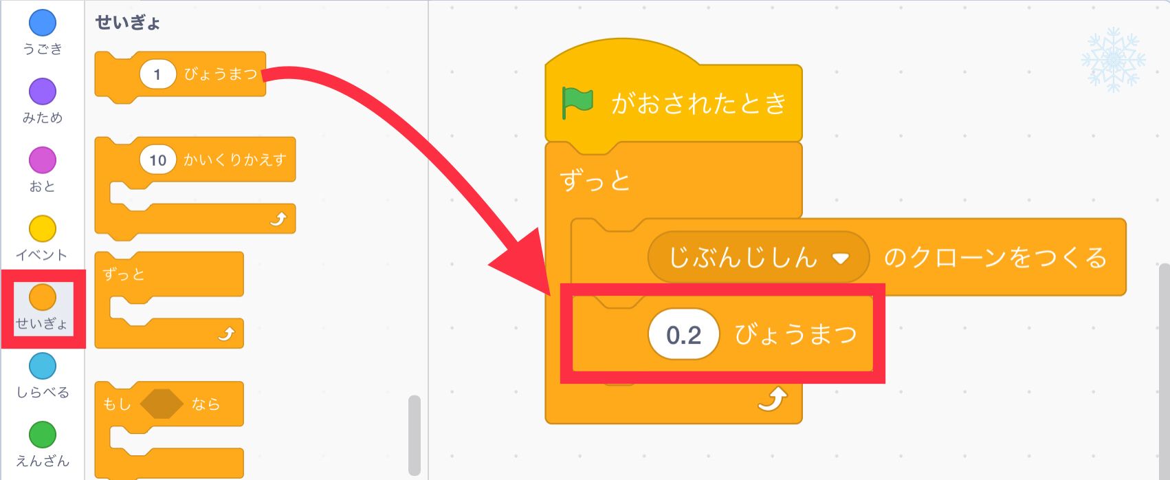 クローンを作る間隔を開けるために待つブロックを追加する クローンを作る間隔を開けるために待つブロックを追加する