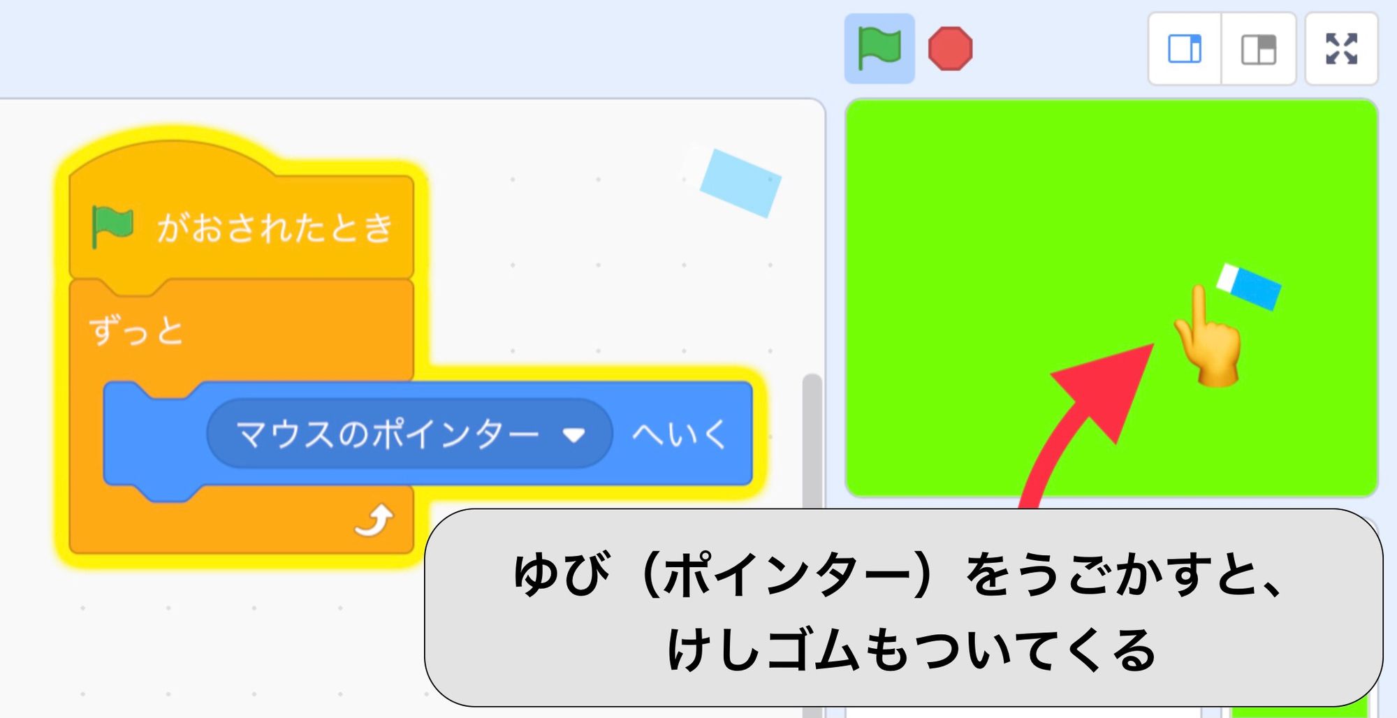 消しゴムが指をおいた場所に動いてくるイメージ画像 消しゴムが指をおいた場所に動いてくるイメージ画像
