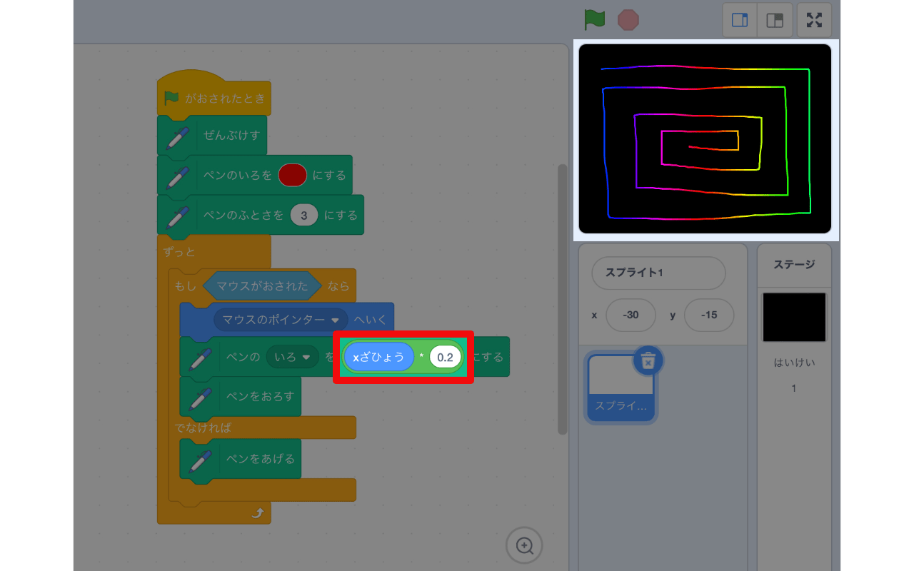 0.2をかけてx座標の値の変化を小さくする 0.2をかけてx座標の値の変化を小さくする