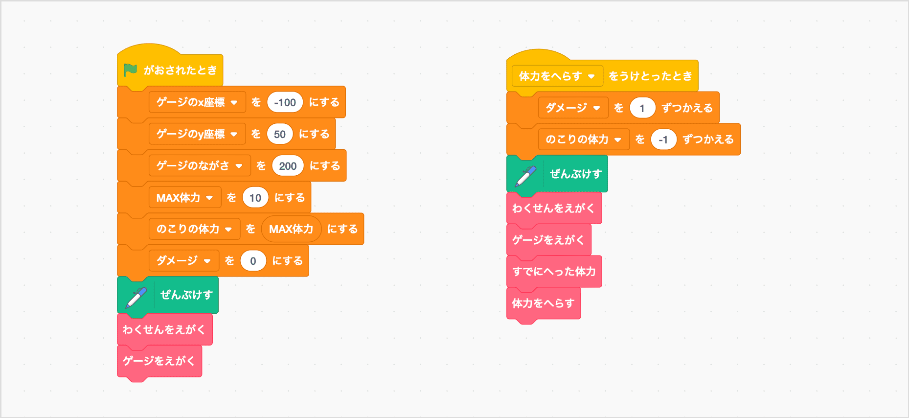 さいしょにわくせんとゲージをえがく、ダメージをうけたらたいりょくをへらす