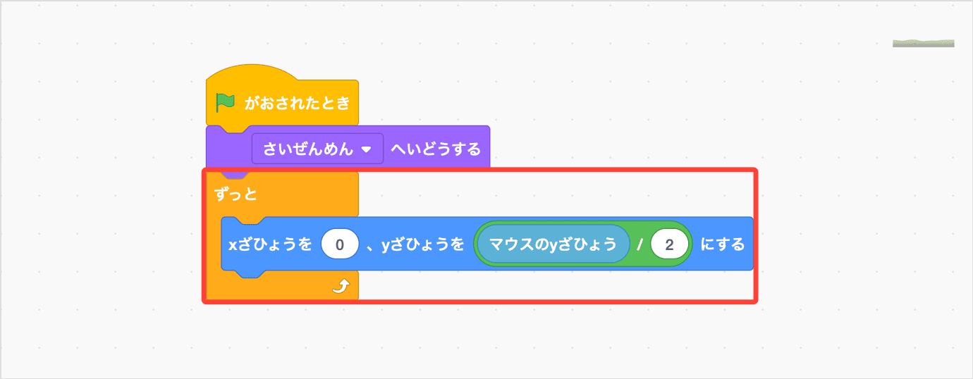 ずっと、xざひょうを0、yざひょうをマウスのyざひょうわる2にする
