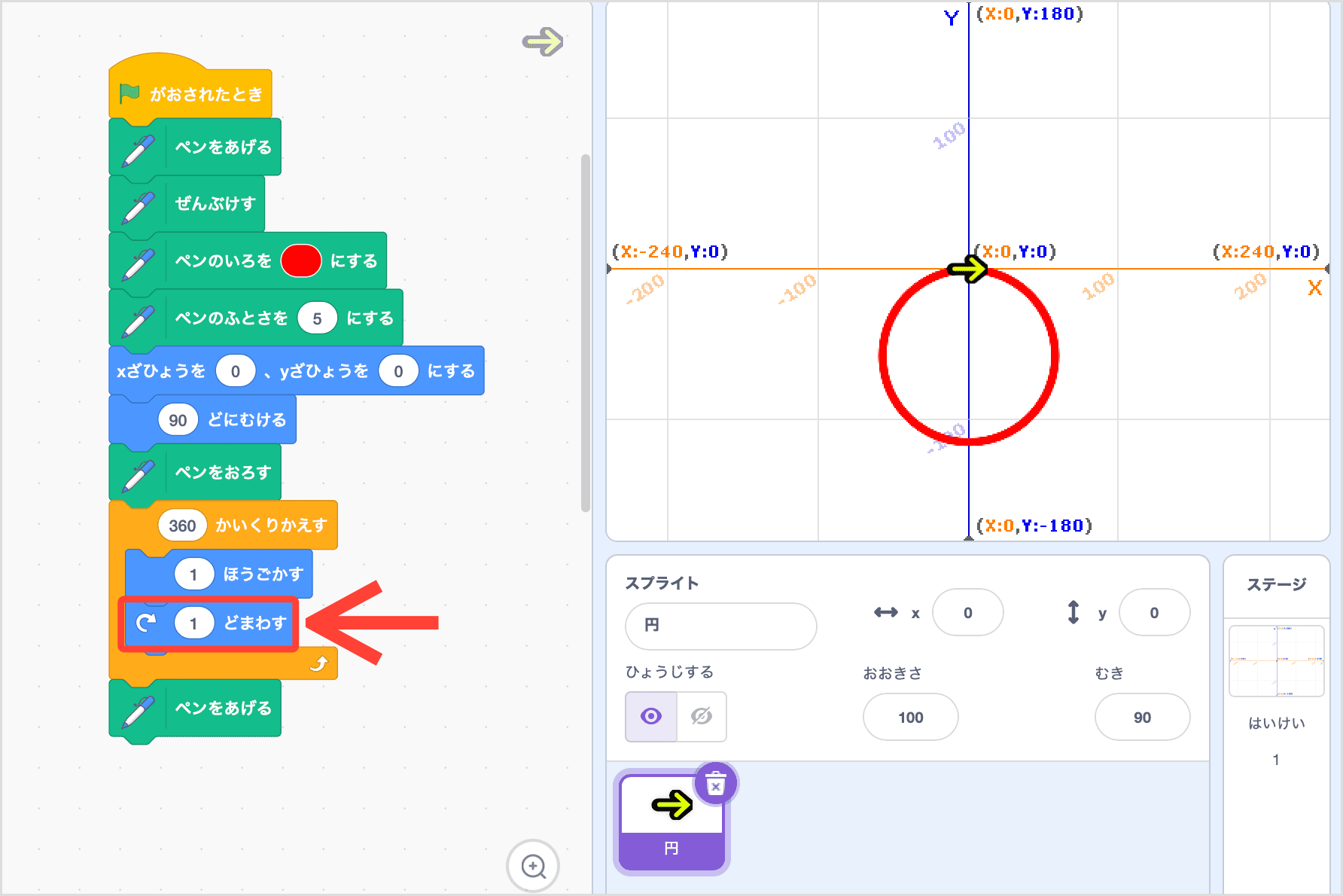 右回りで円を描く