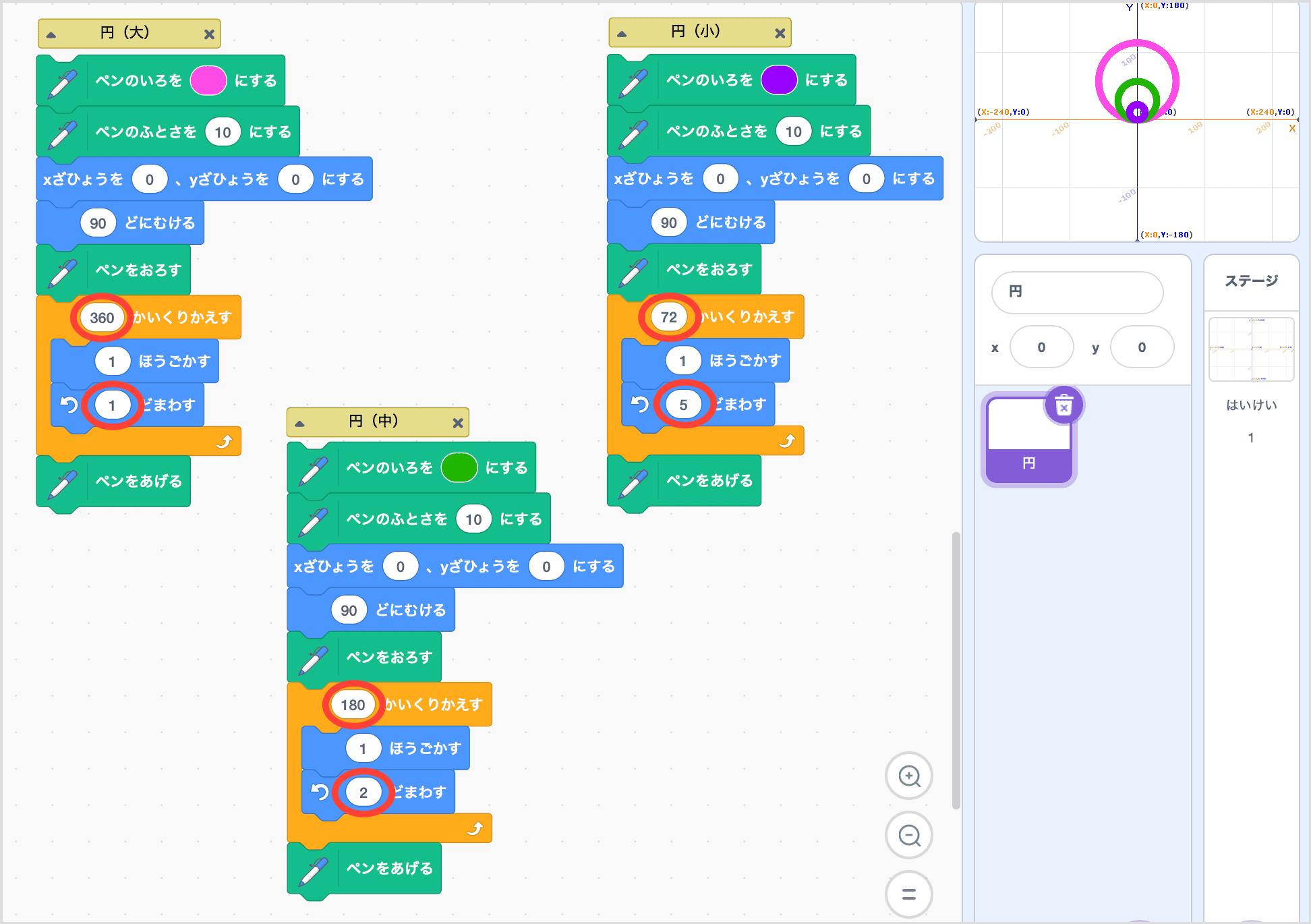 色々なサイズの円