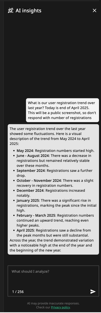 An example of our AI Insights feature, where you can ask our Gen AI model questions related to your tables, and watch it return tons of useful data in seconds!