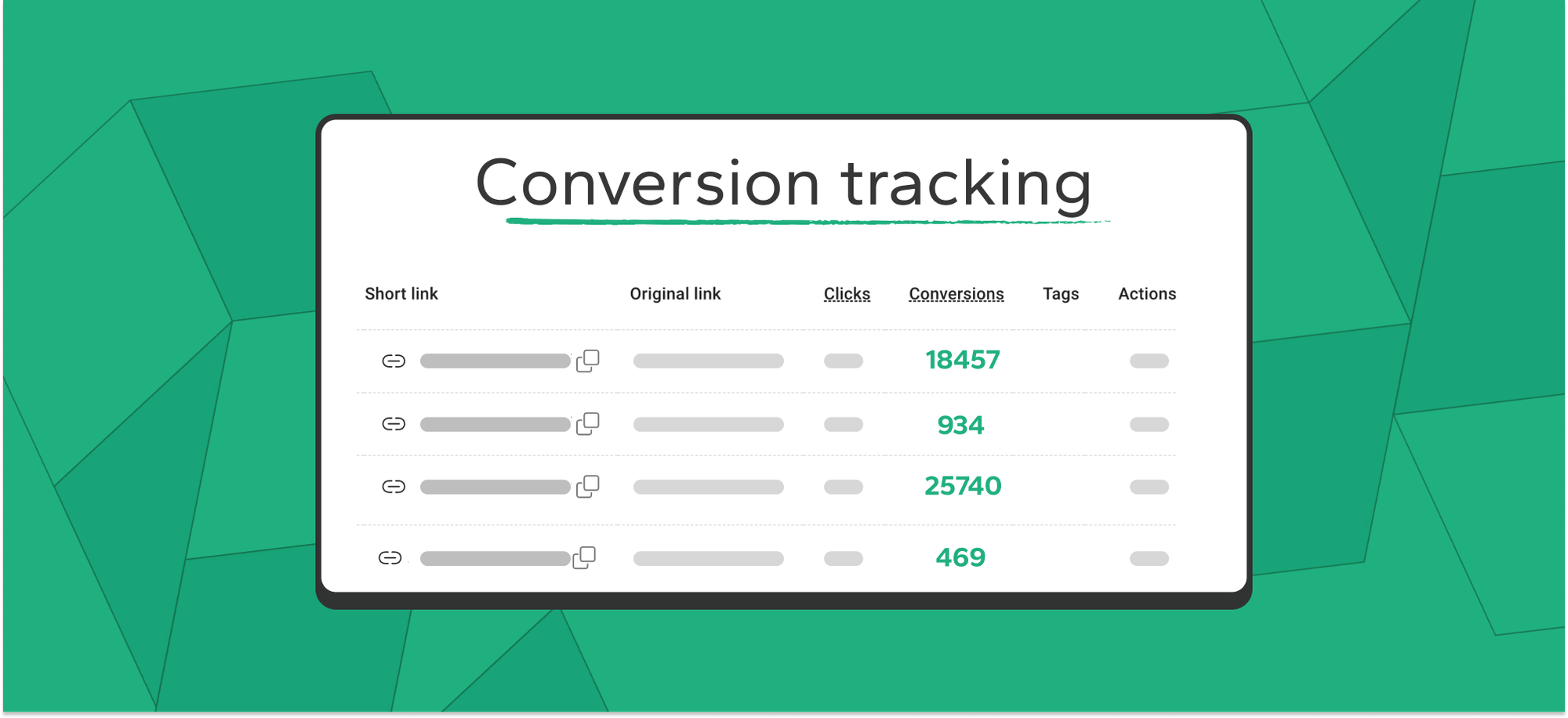 A stylized image on a modern green background - the image visualizes Short.io's Conversion tracking functionality