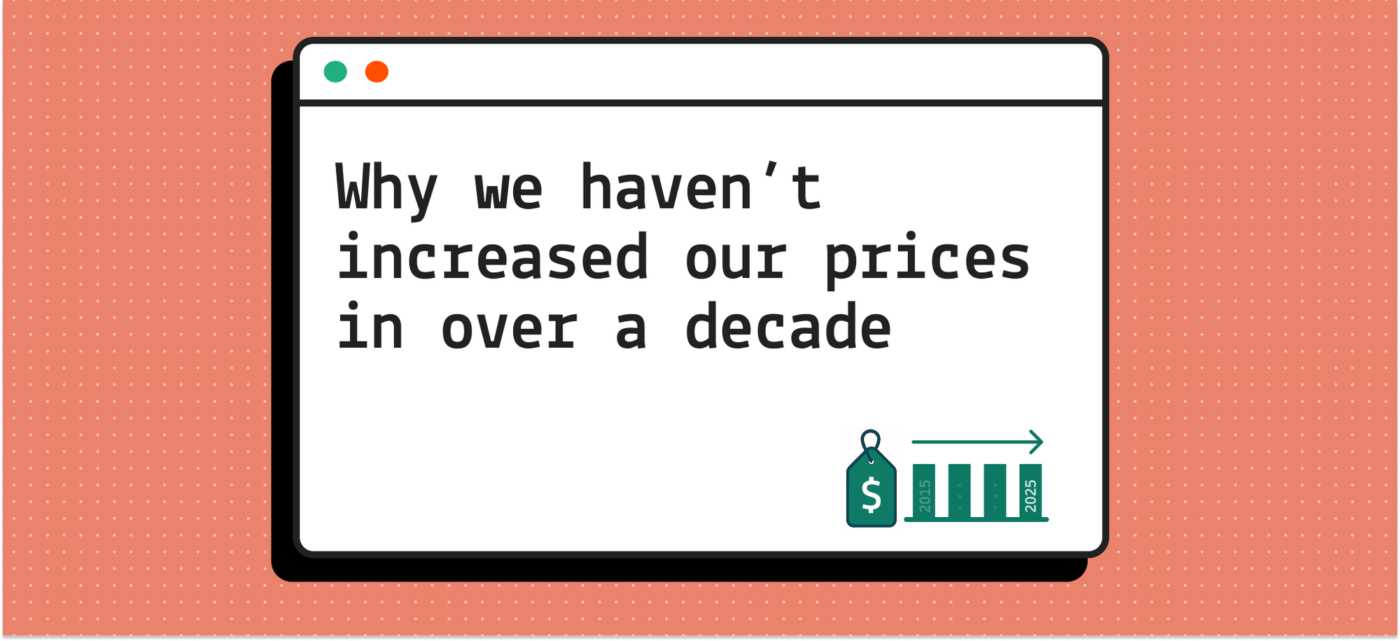 A mock MacOS page with the text "Why we haven't increased our prices in over a decade" 