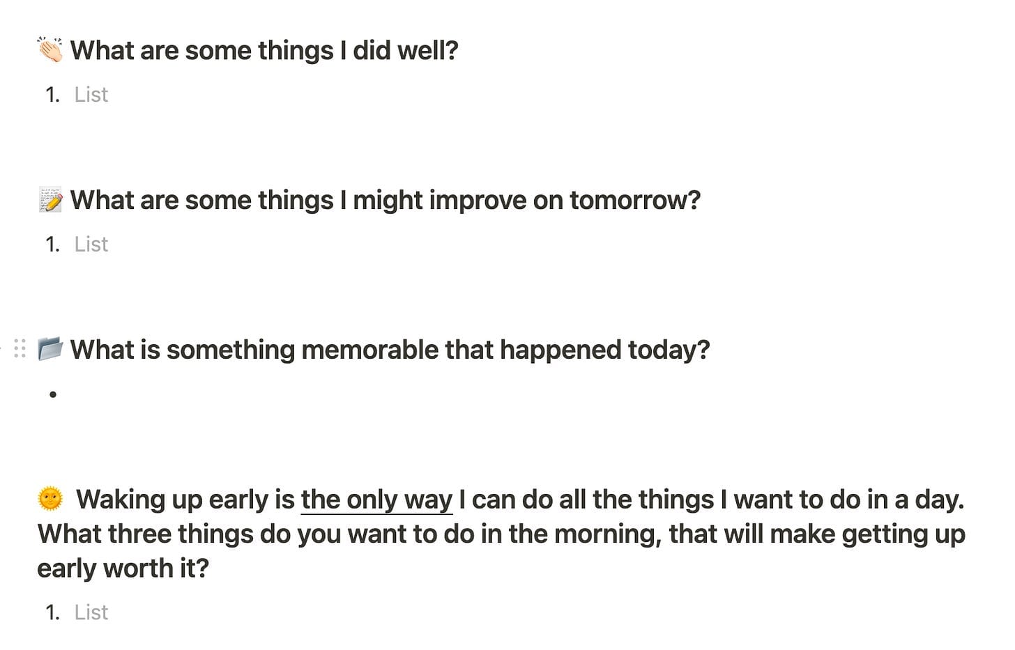 Screenshot of a Notion nighttime-review template with reflective prompts about the day