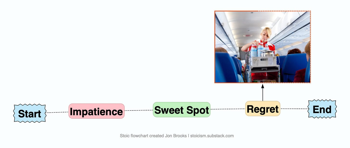 Flowchart from Start through Impatience, Sweet Spot and Regret to End, with a flight attendant serving food on a plane