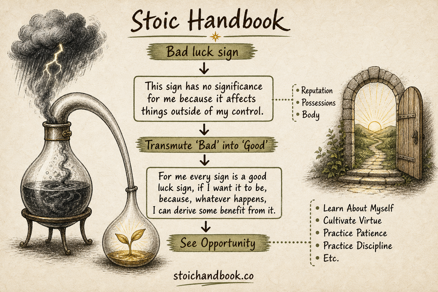 Flowchart: treating a bad-luck sign as insignificant, transmuting bad into good, and seeing an opportunity to cultivate virtue
