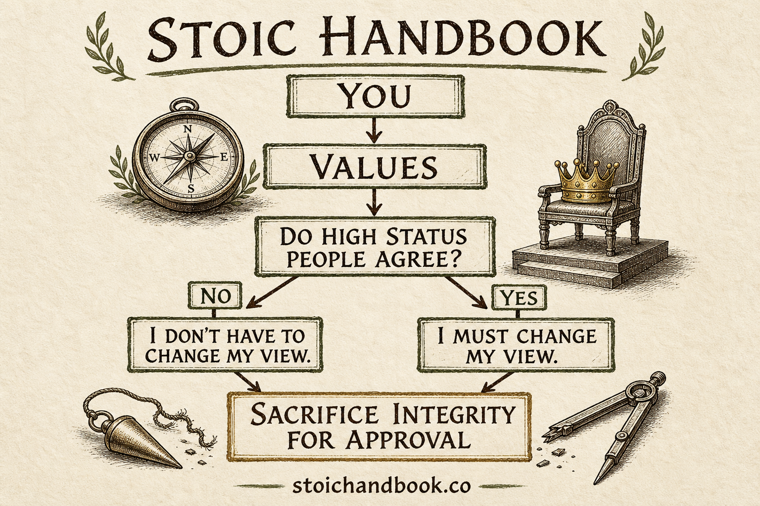 Approval-seeking flowchart: changing or keeping a view according to whether high-status people agree leads to sacrificing integrity for approval.