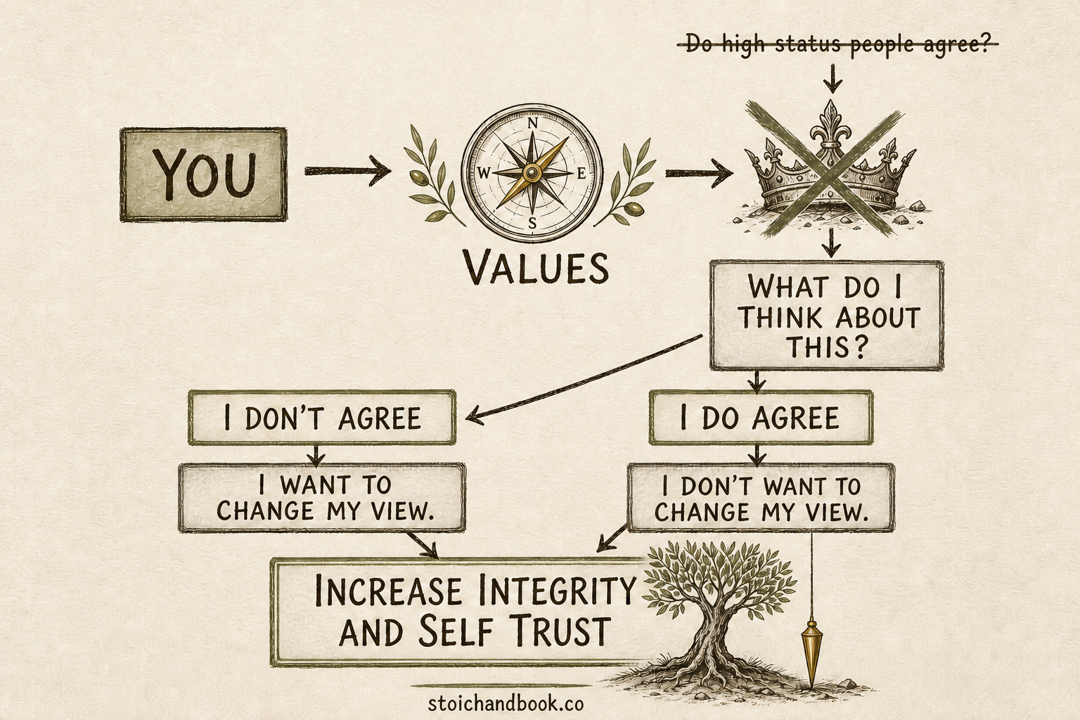 Flowchart showing how consulting your own values, rather than high-status people, can increase integrity and self-trust whether or not you change your view.
