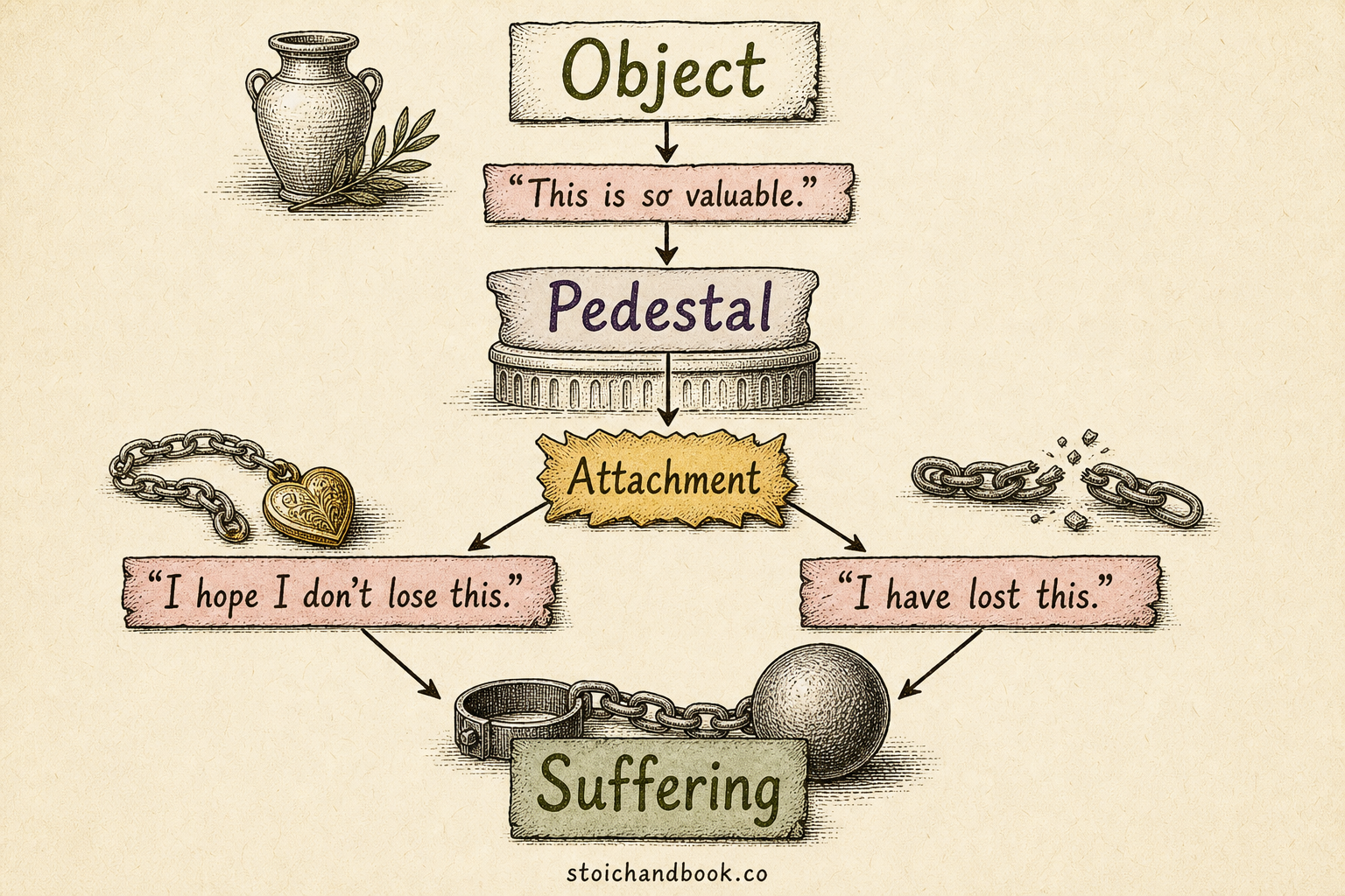 Flowchart: putting a possession on a pedestal creates attachment, and both fearing loss and losing it lead to suffering
