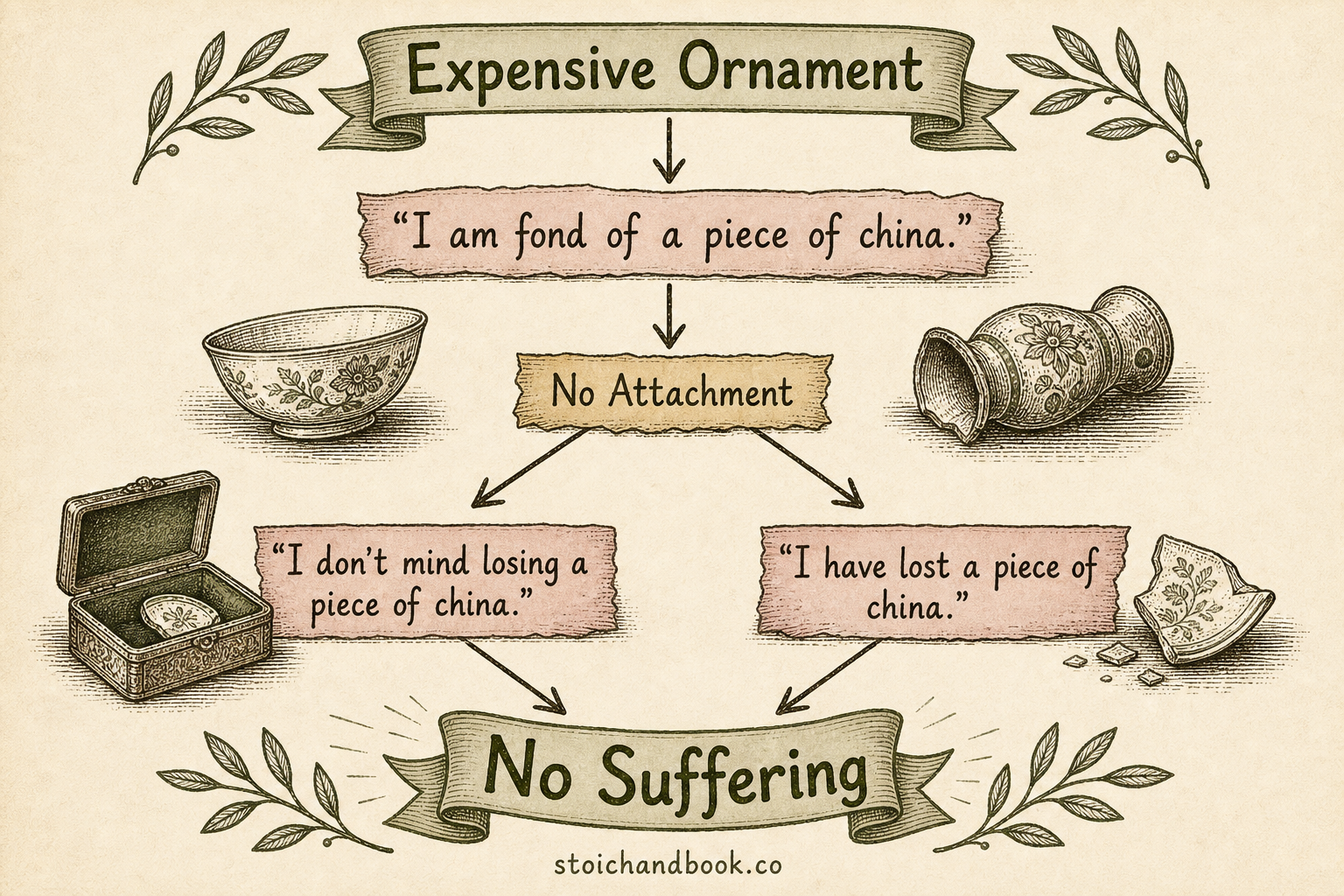 Flowchart: with no attachment to a piece of china, neither the thought of losing it nor losing it causes suffering