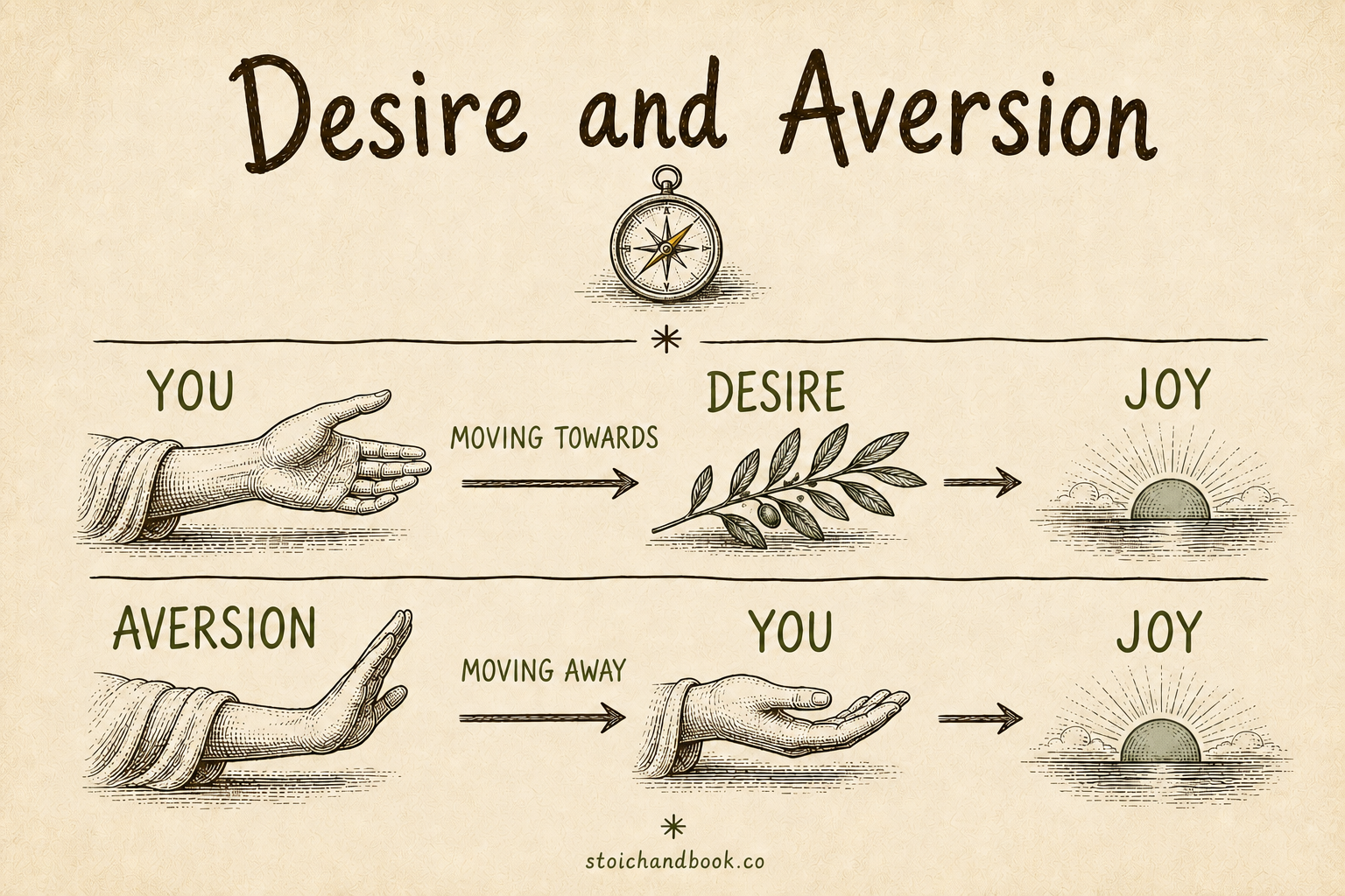 Diagram: moving toward something is desire leading to joy, moving away from it is aversion