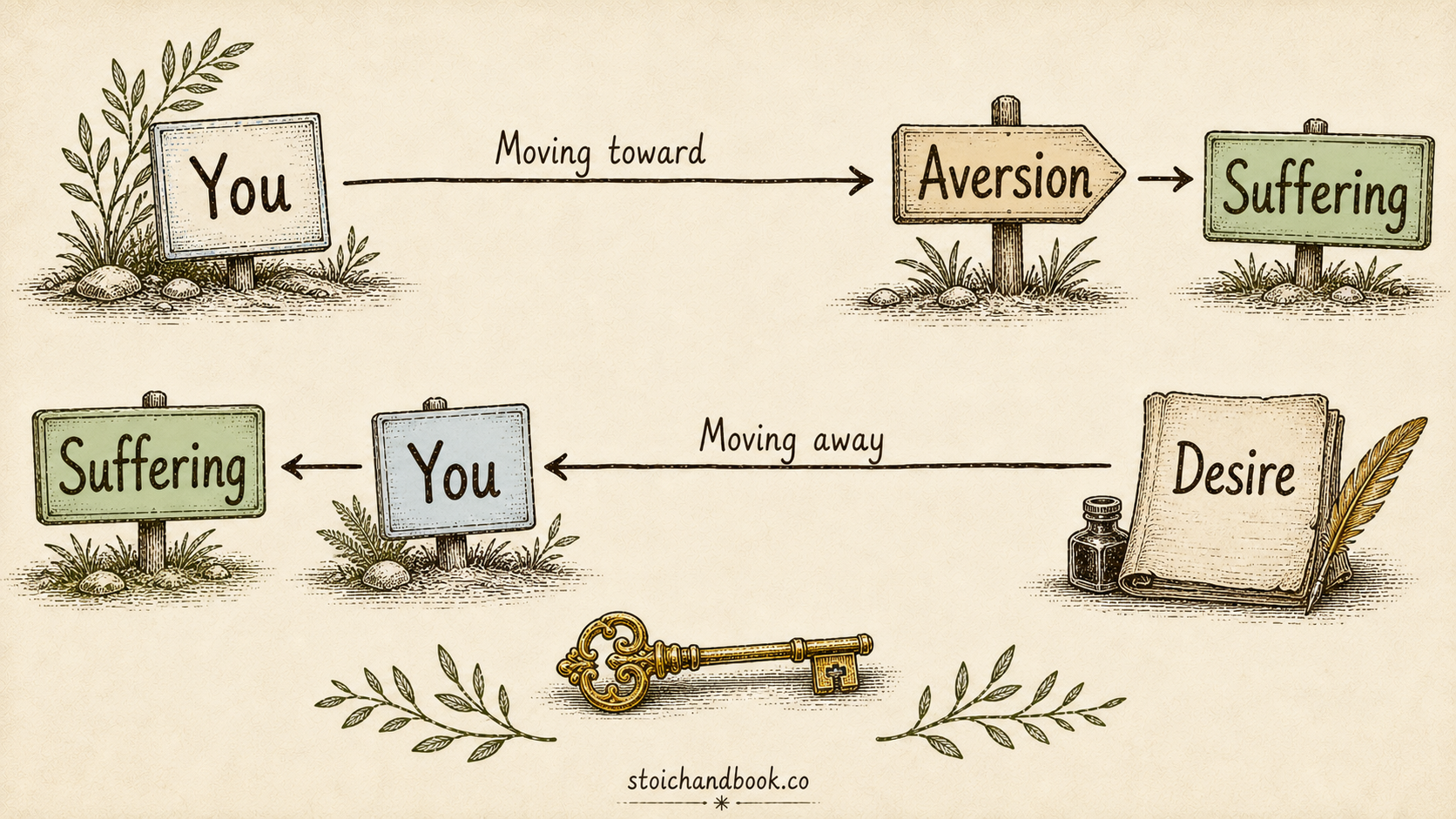 Diagram: when you fail, moving toward aversion or away from desire both lead to suffering