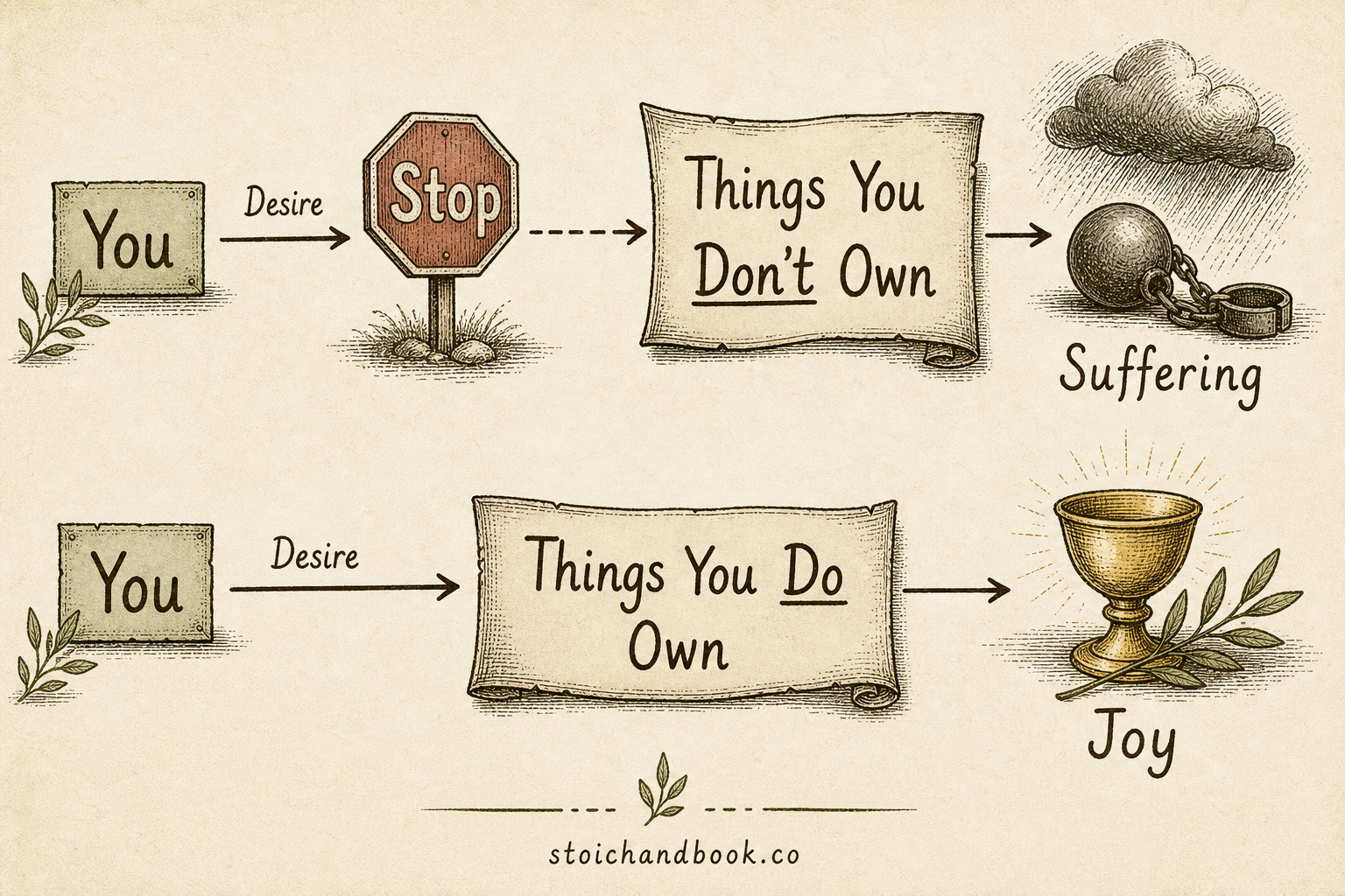Diagram: desiring things you don't own leads to suffering, while desiring things you do own leads to joy