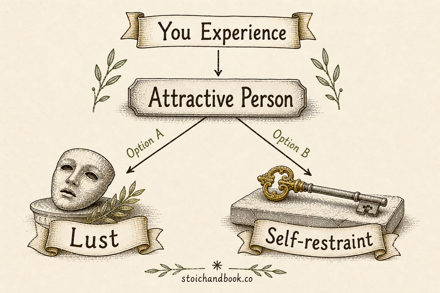 Flowchart: experiencing an attractive person offers a choice between lust and self-restraint