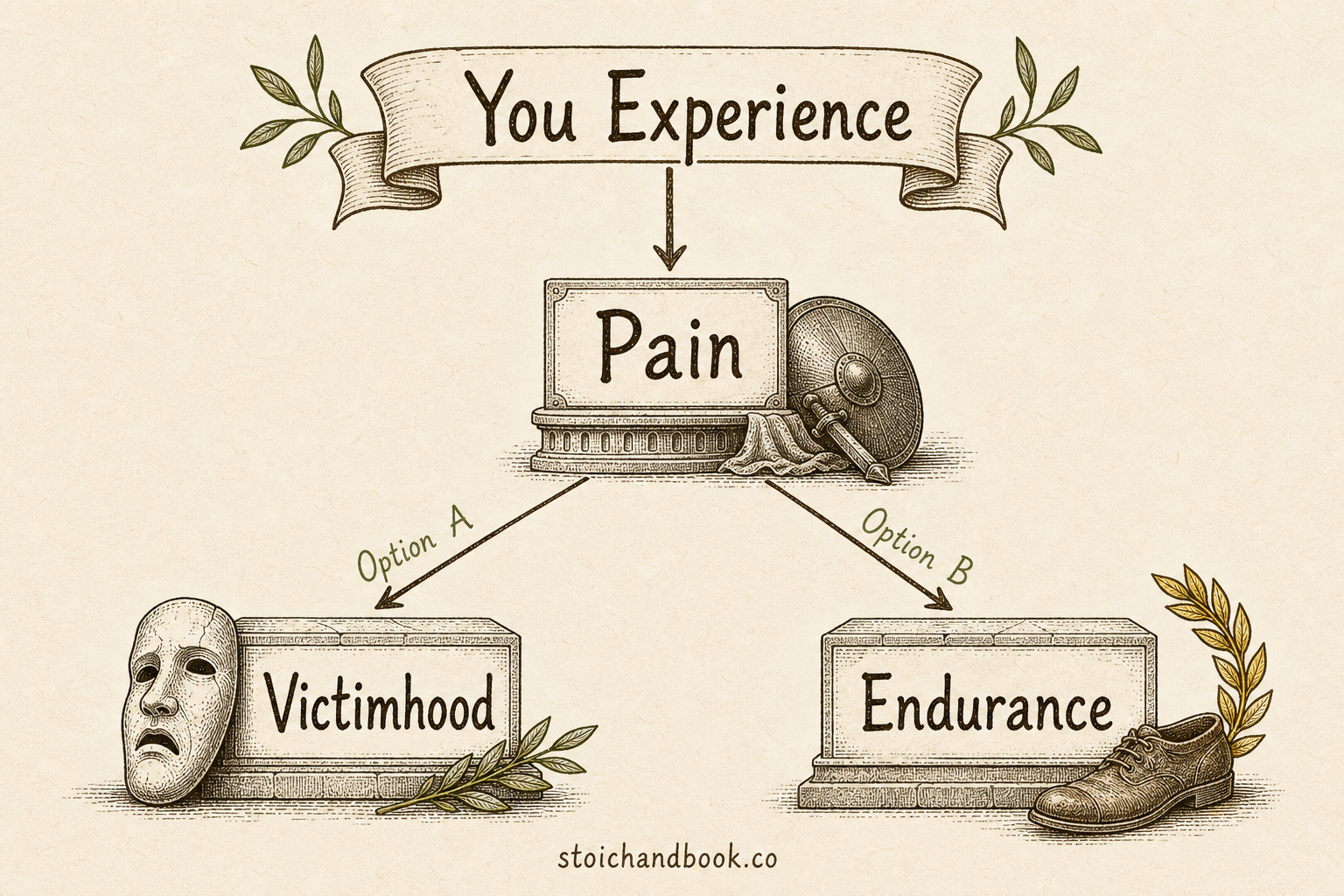 Flowchart: experiencing pain offers a choice between victimhood and endurance
