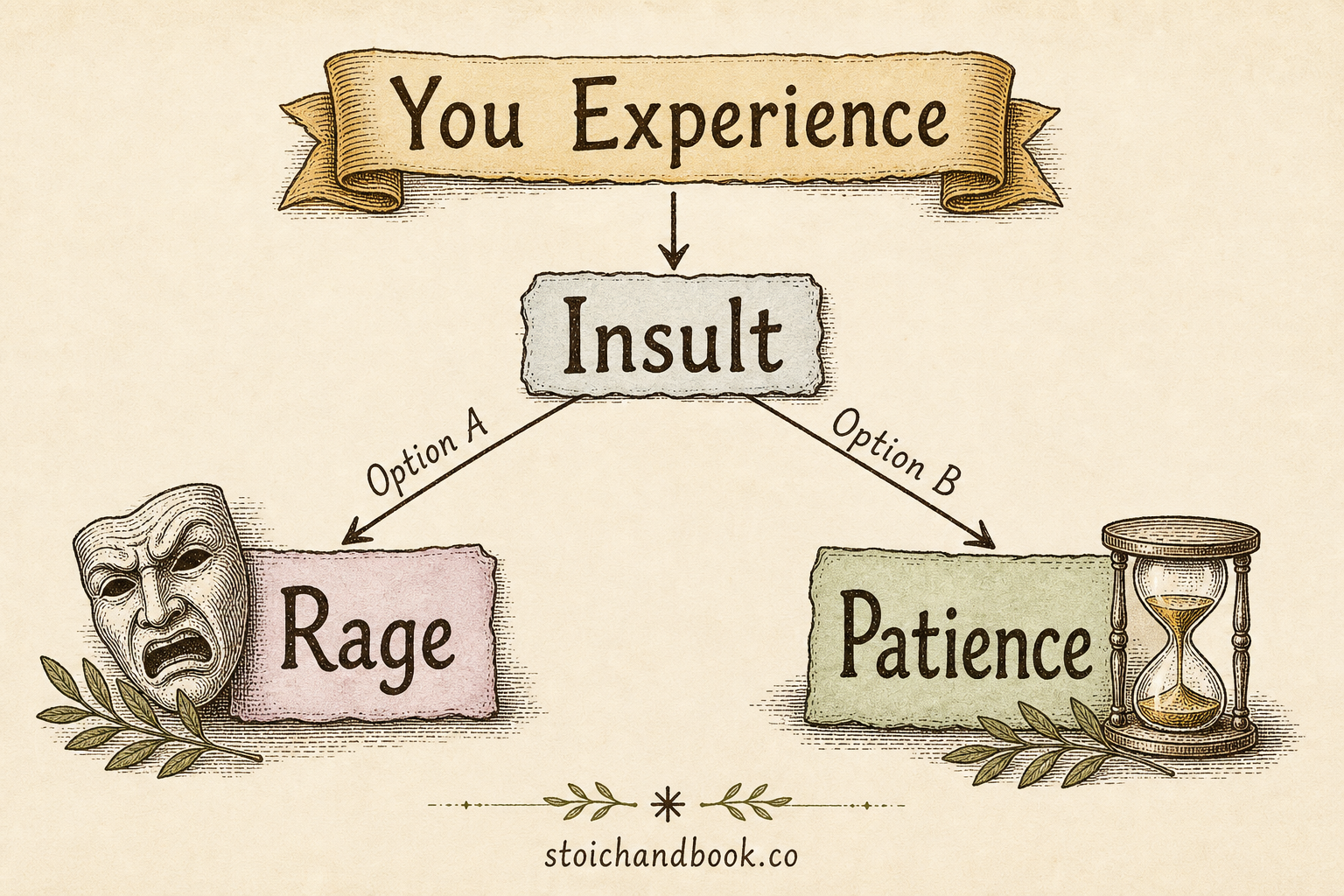 Flowchart: experiencing an insult offers a choice between rage and patience