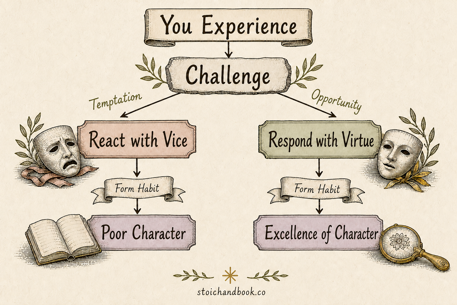 Flowchart: a challenge forks into reacting with vice, forming a habit toward poor character, or responding with virtue toward excellence of character